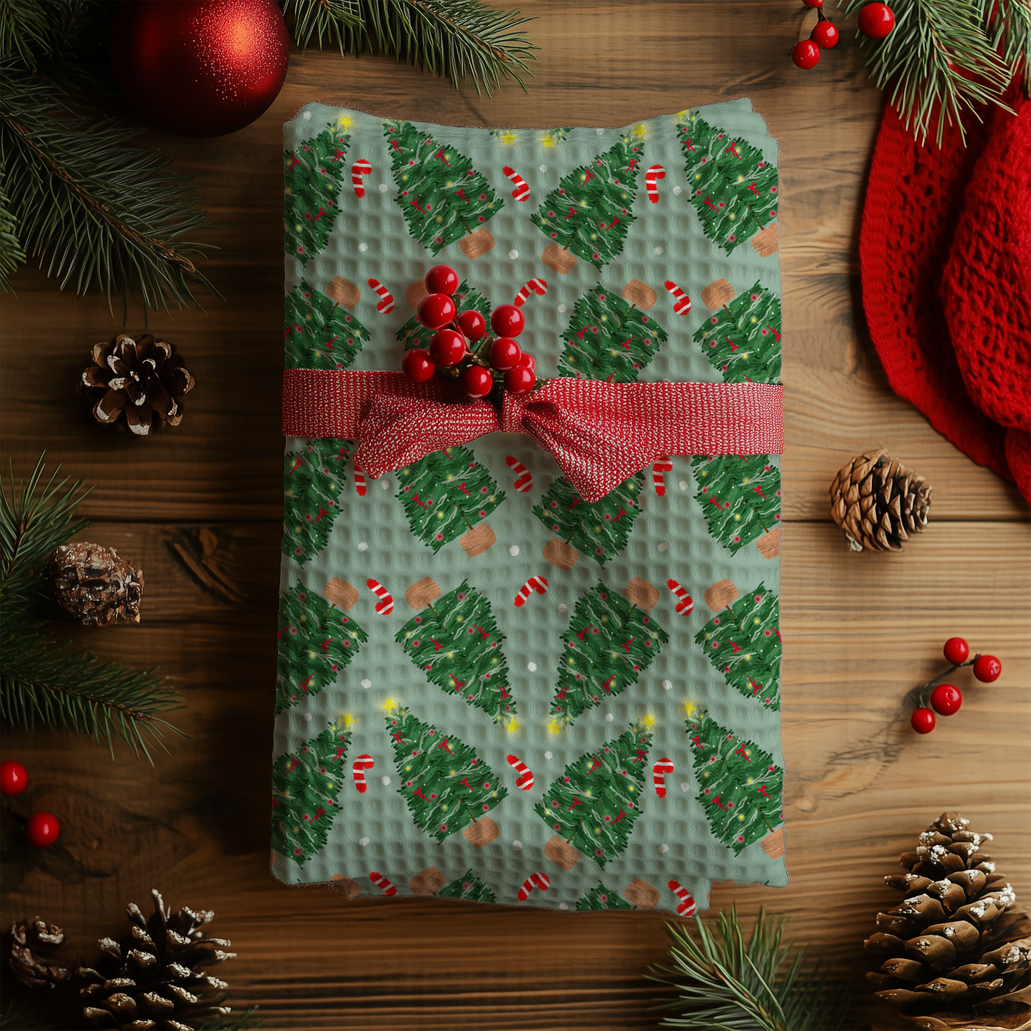 Lovely seamless Christmas trees on green background (extended license)