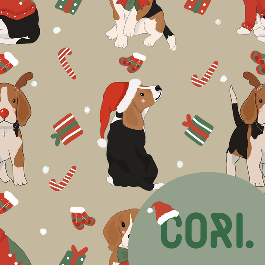 Lovely seamless Christmas beagles on beige background