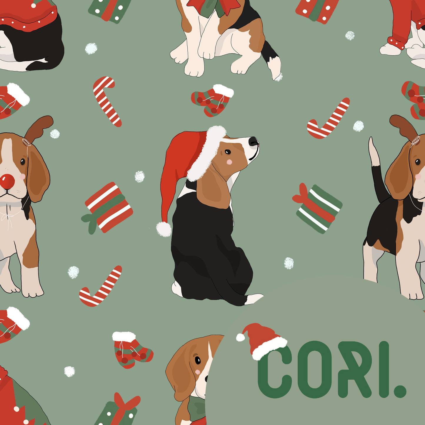 Lovely seamless Christmas beagles on green background (extended license)