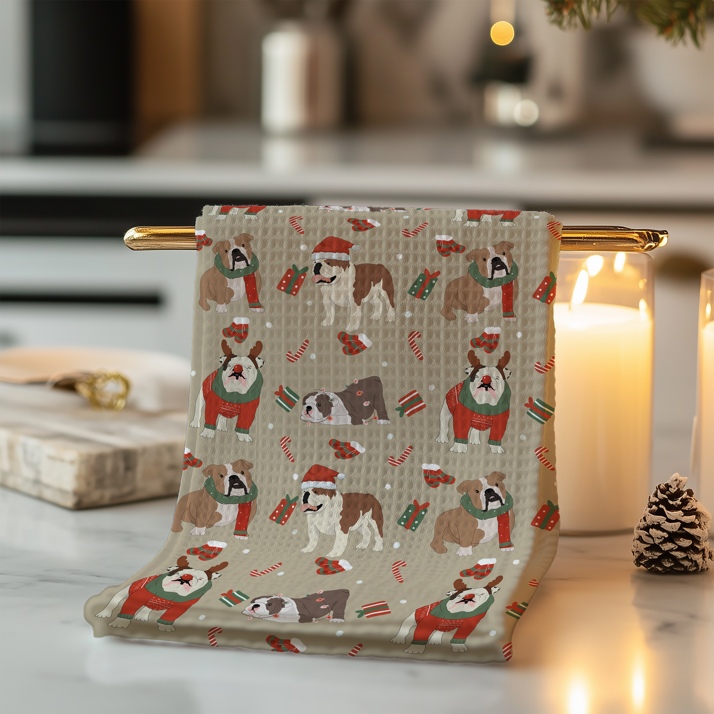 Lovely seamless Christmas english bulldog on beige background (extended license)