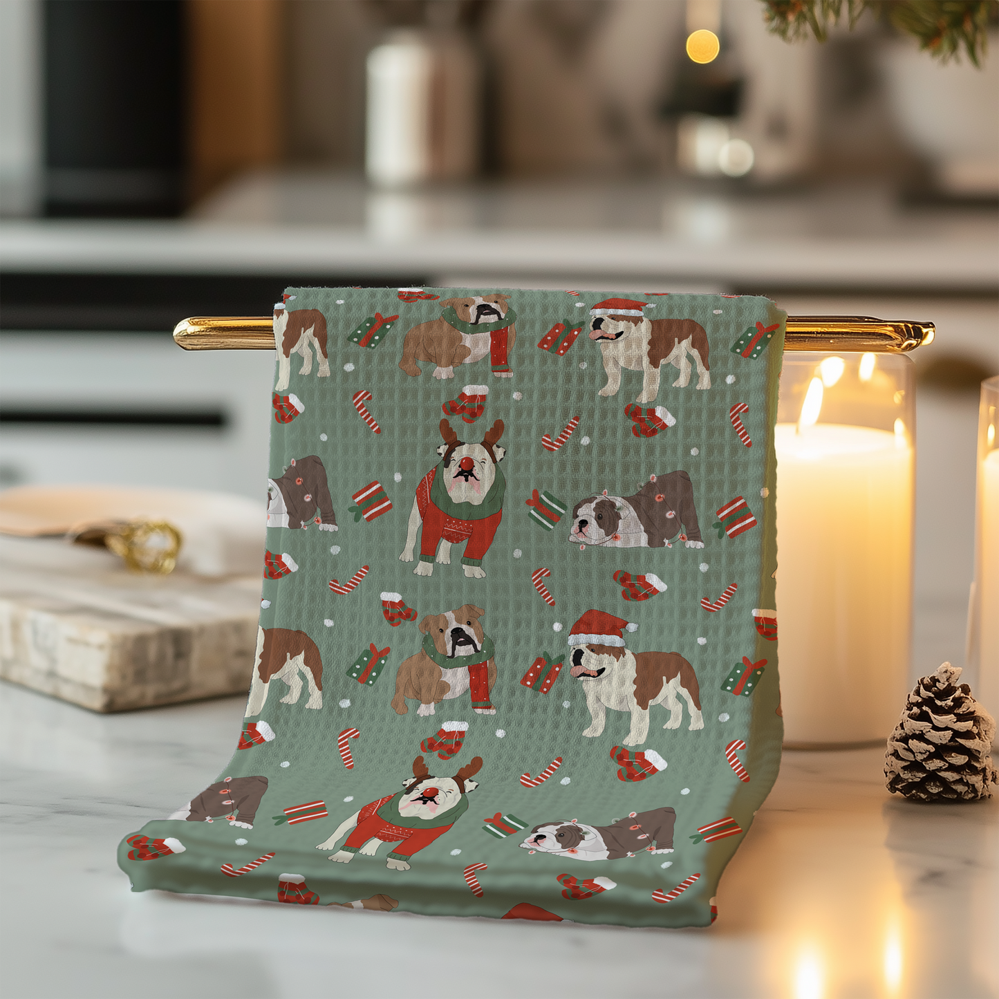 Lovely seamless Christmas english bulldog on green background