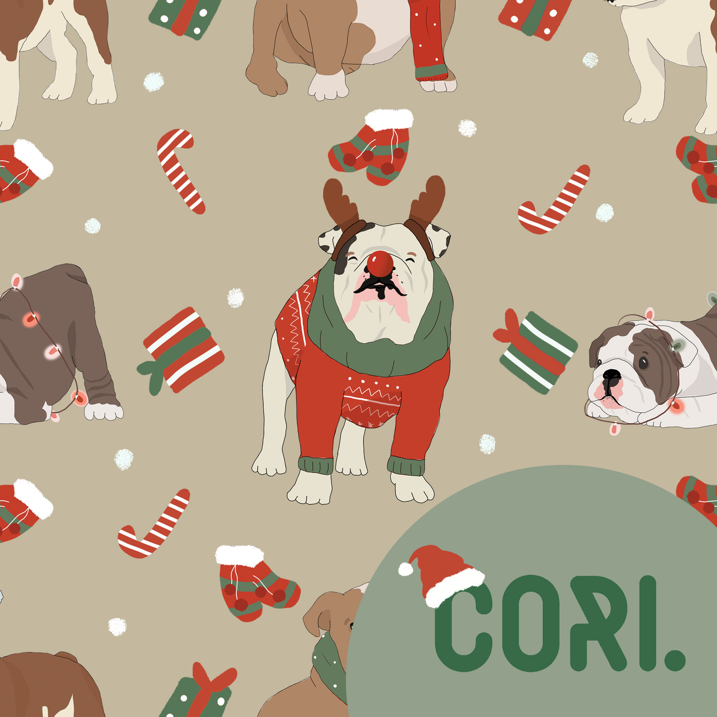 Lovely seamless Christmas english bulldog on beige background (extended license)