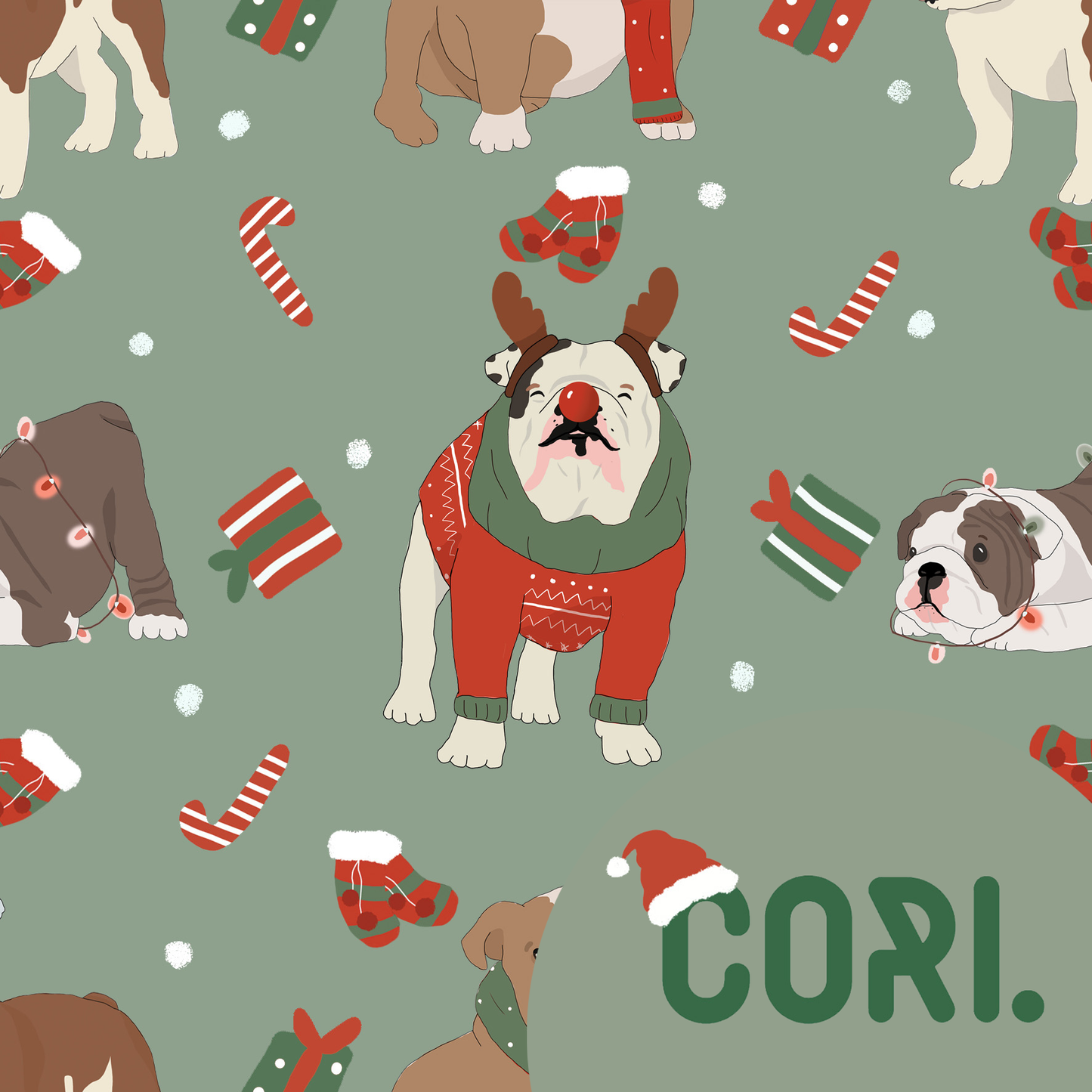 Lovely seamless Christmas english bulldog on green background