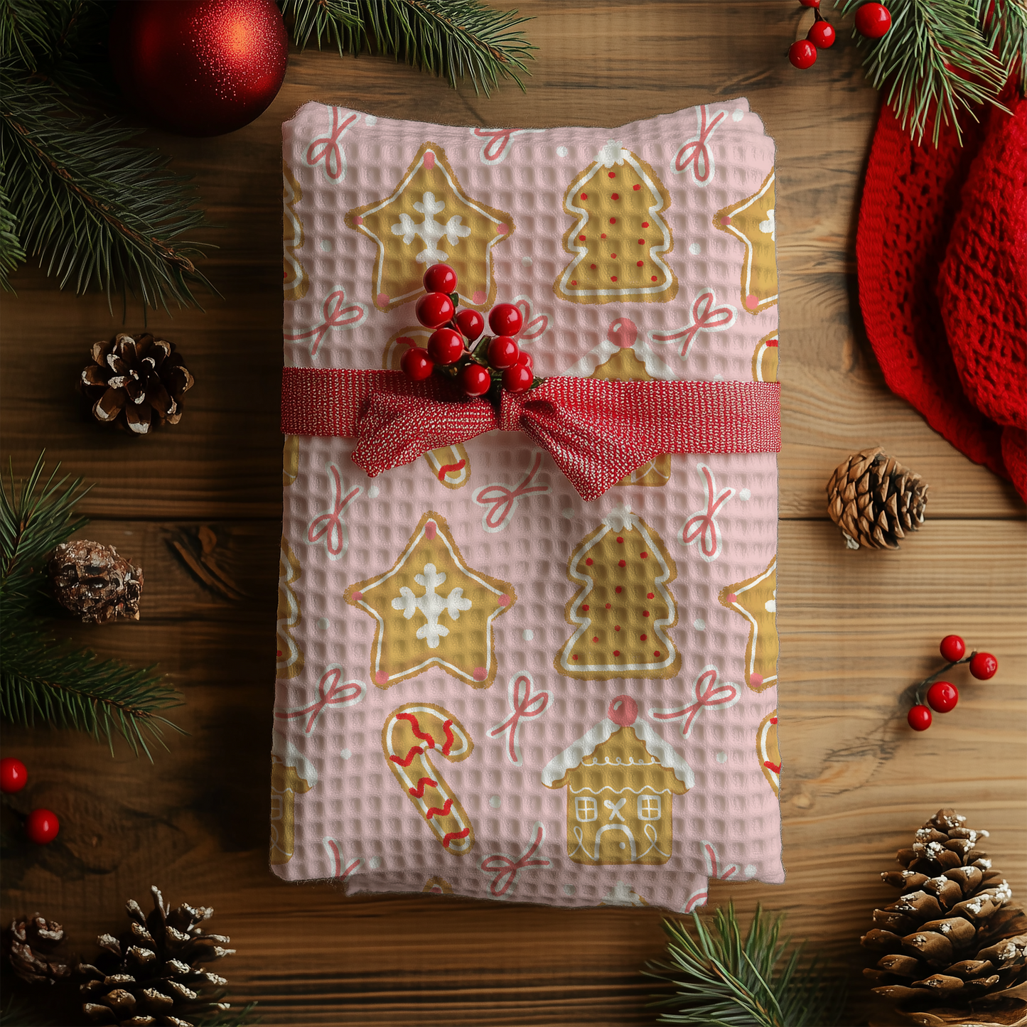 Lovely seamless Christmas gingerbread house, candy cane, tree, and star pattern on pink background (extended license)