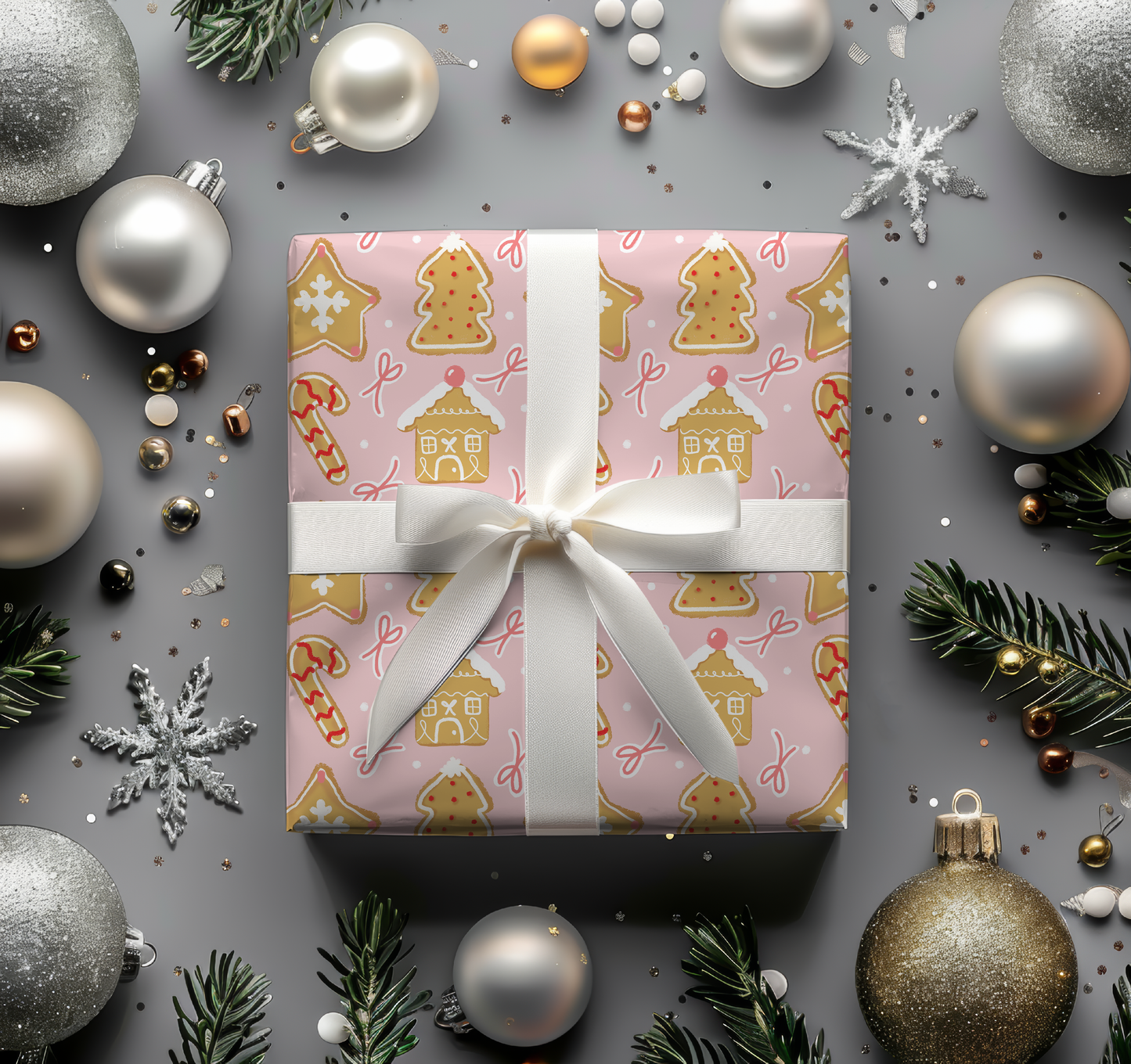 Lovely seamless Christmas gingerbread house, candy cane, tree, and star pattern on pink background (extended license)