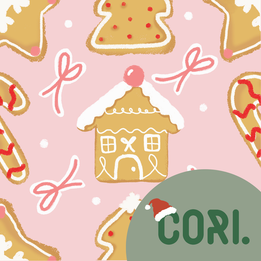 Lovely seamless Christmas gingerbread house, candy cane, tree, and star pattern on pink background (extended license)