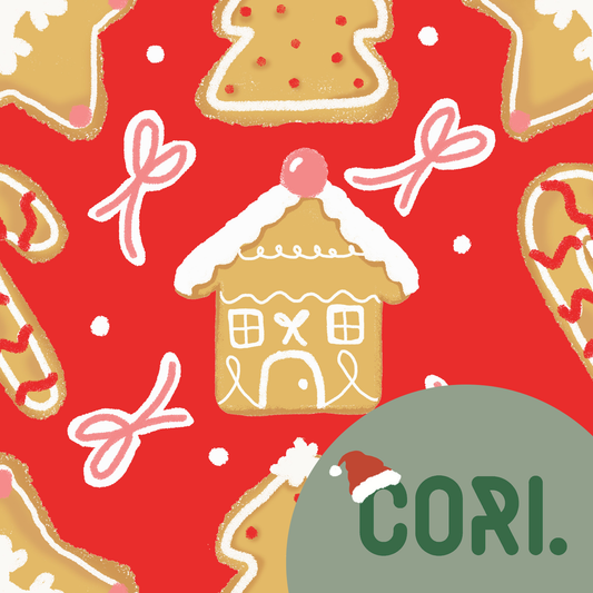 Lovely seamless Christmas gingerbread house, candy cane, tree, and star pattern on red background (extended license)