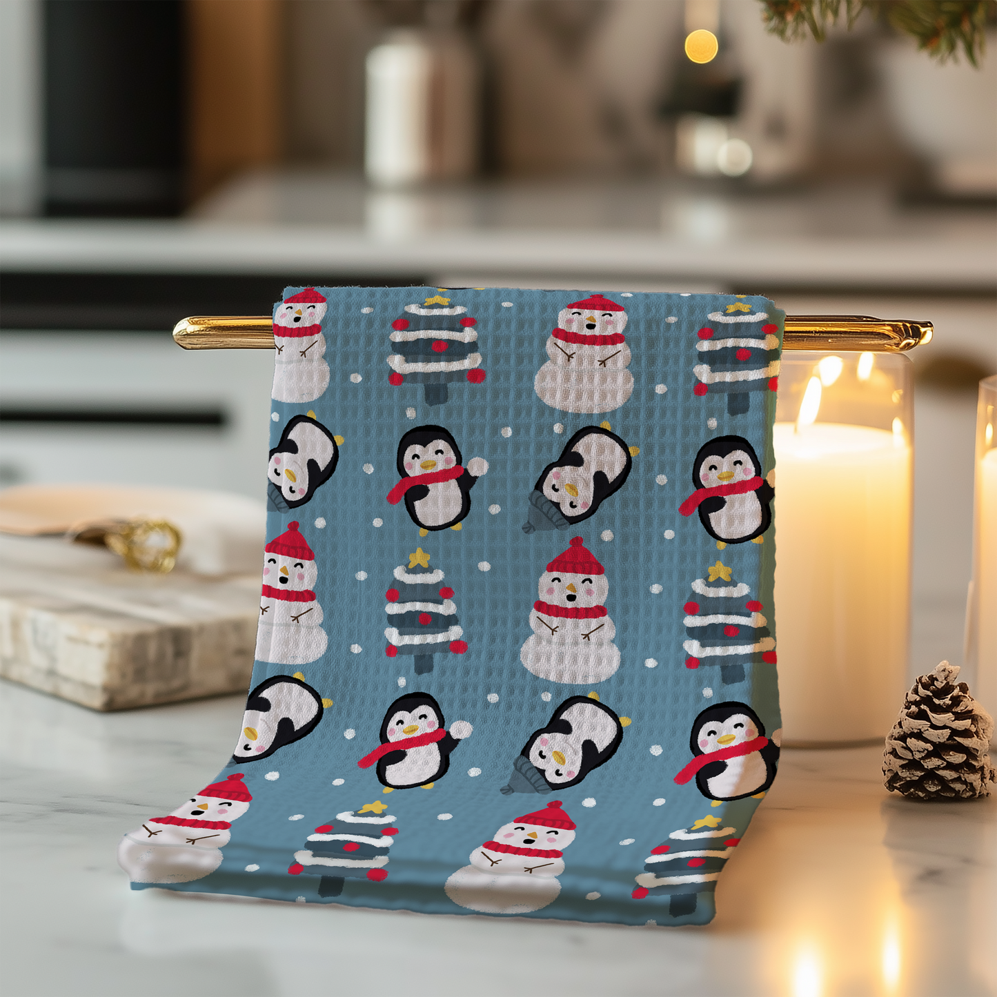 Lovely seamless Christmas pinguin, tree, and snowman on blue background