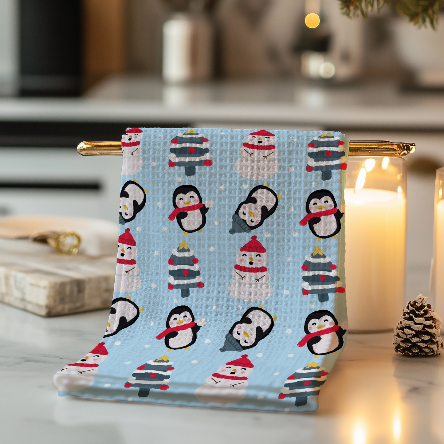 Lovely seamless Christmas pinguin, tree, and snowman on light blue background (extended license)