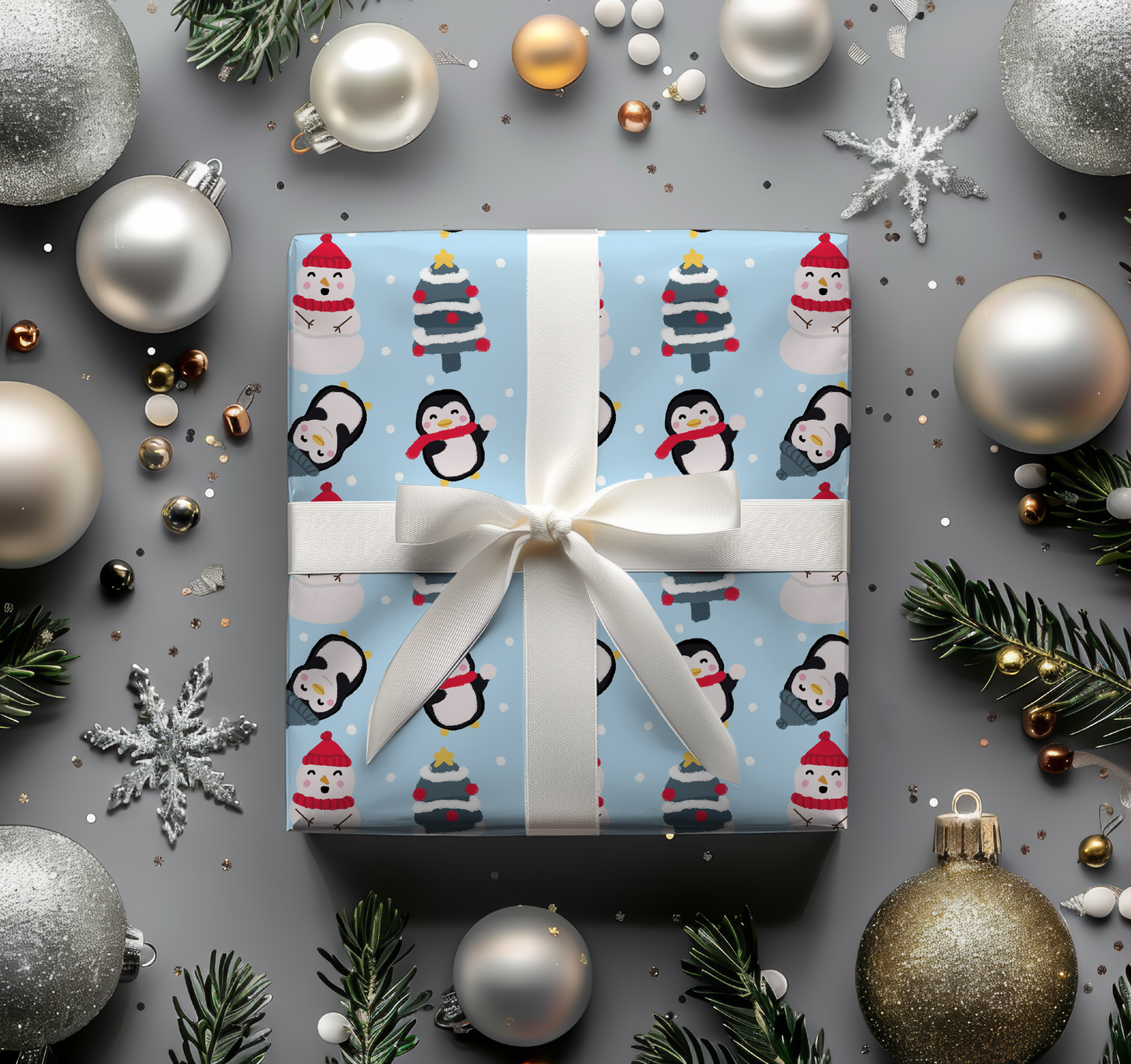 Lovely seamless Christmas pinguin, tree, and snowman on light blue background (extended license)