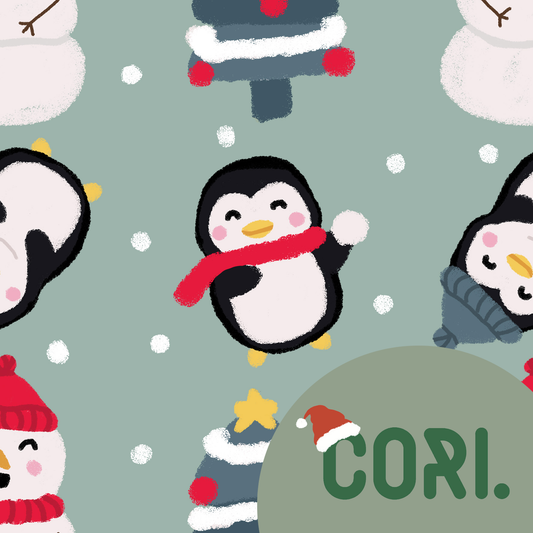 Lovely seamless Christmas pinguin, tree, and snowman on green background (extended license)