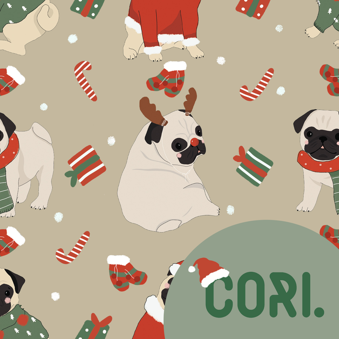 Lovely seamless Christmas pugs on a beige background