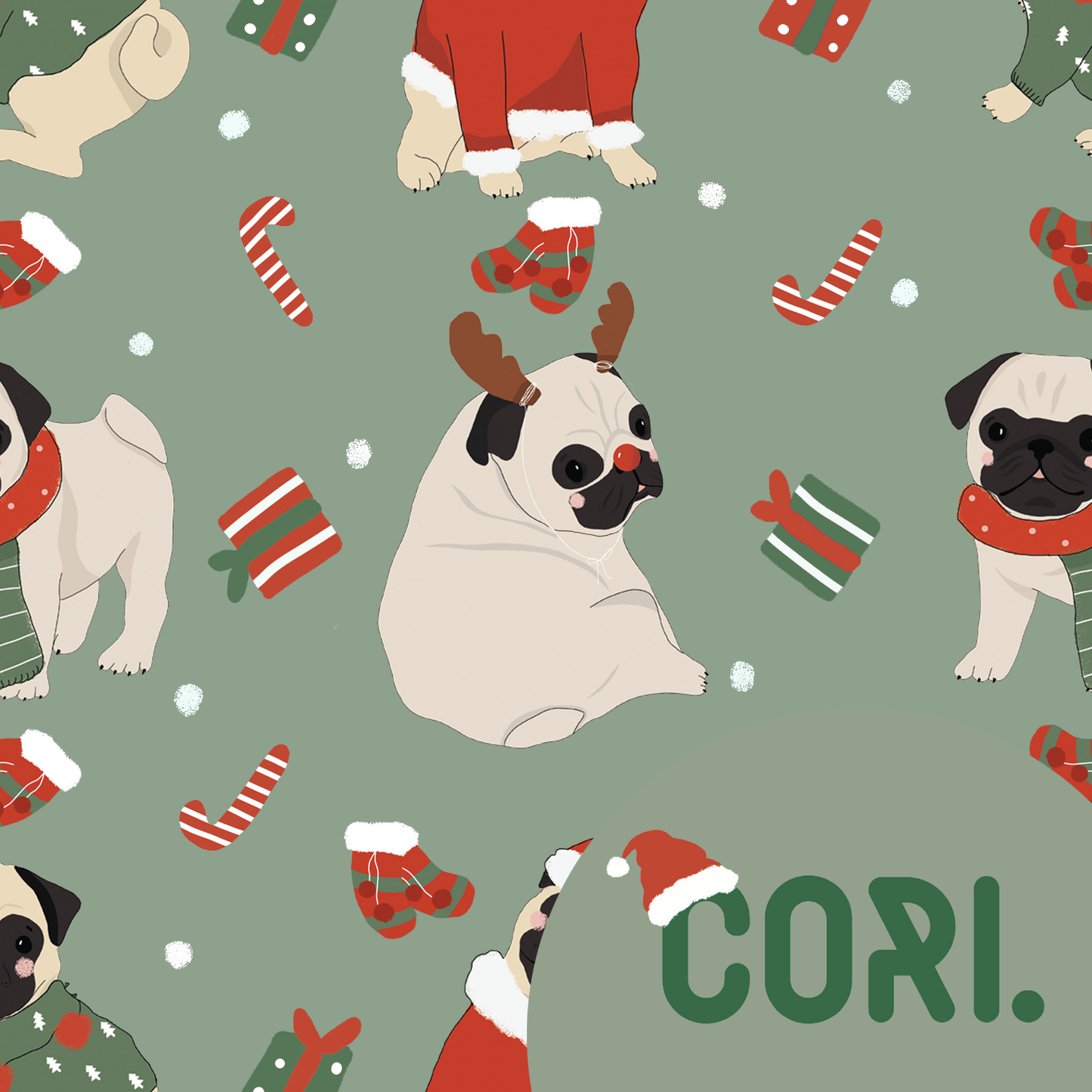 Lovely seamless Christmas pugs on a green background