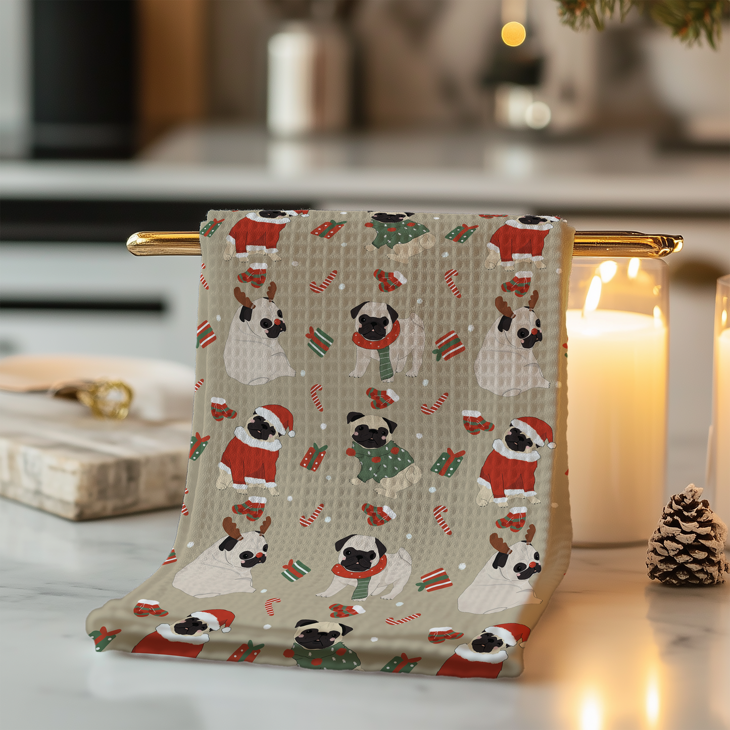 Lovely seamless Christmas pugs on a beige background