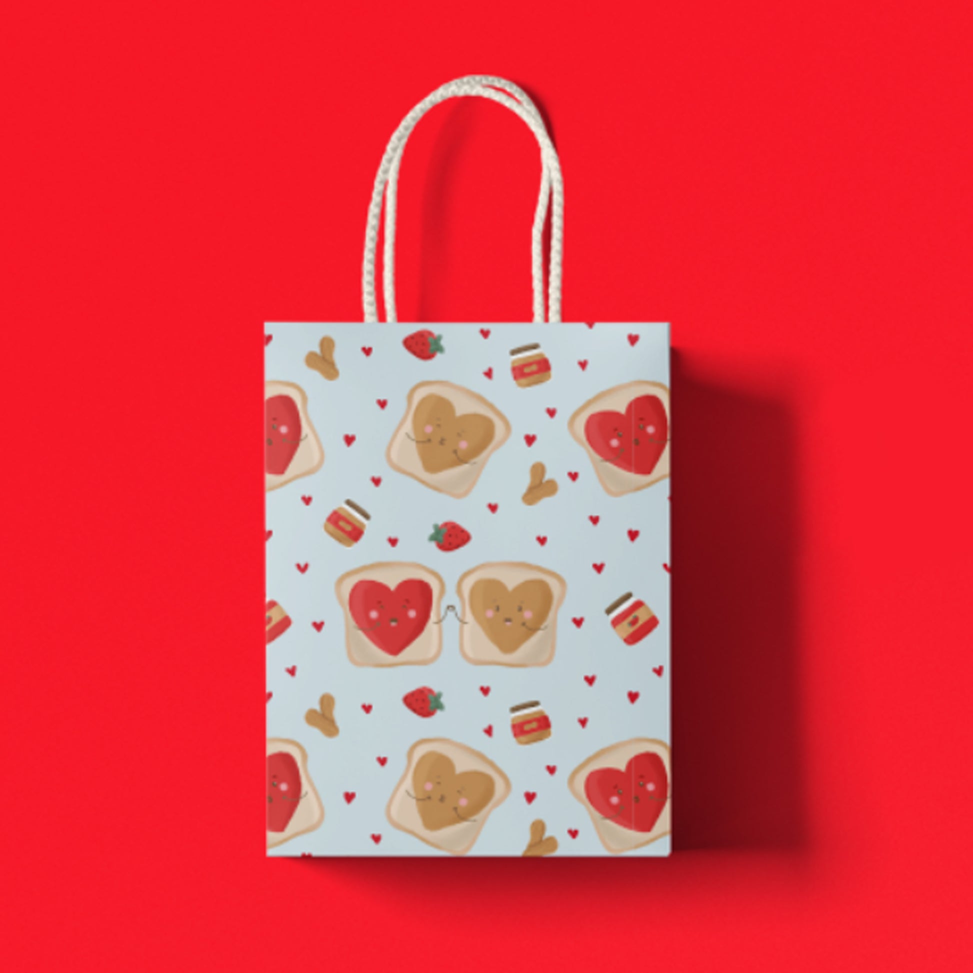 Seamless Valentine’s Day pattern with cute toast and peanut butter and jelly on a light blue background, perfect for a fun and aesthetic design for fabrics or prints.