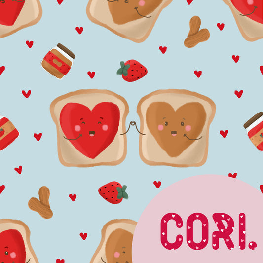 Seamless Valentine’s Day pattern with cute toast and peanut butter and jelly on a light blue background, perfect for a fun and aesthetic design for fabrics or prints