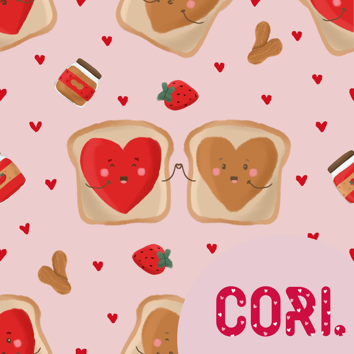 Seamless Valentine’s Day pattern with cute toast and peanut butter and jelly on a pink background, perfect for a fun and aesthetic design for fabrics or prints.