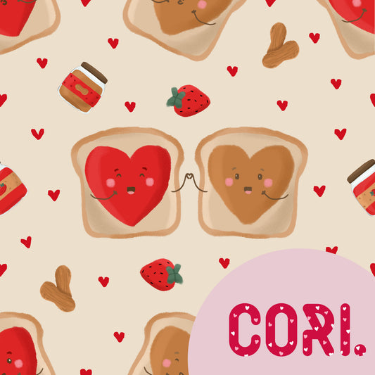 Seamless Valentine’s Day pattern with cute toast and peanut butter and jelly on a beige background, perfect for a fun and aesthetic design for fabrics or prints.