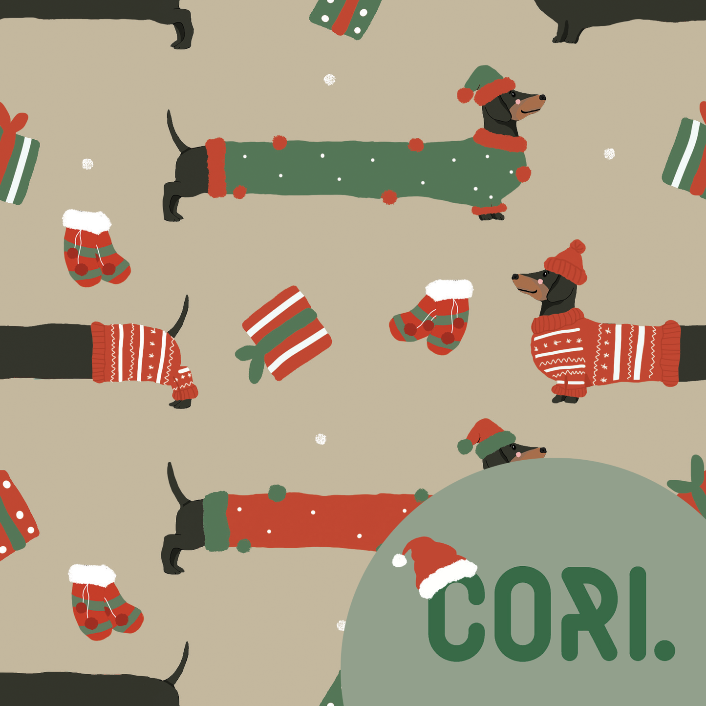 Lovely seamless Christmas dachshund/wiener dogs on a beige background (extended license)