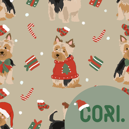 Lovely seamless Christmas yorshire terrier on beige background (extended license)