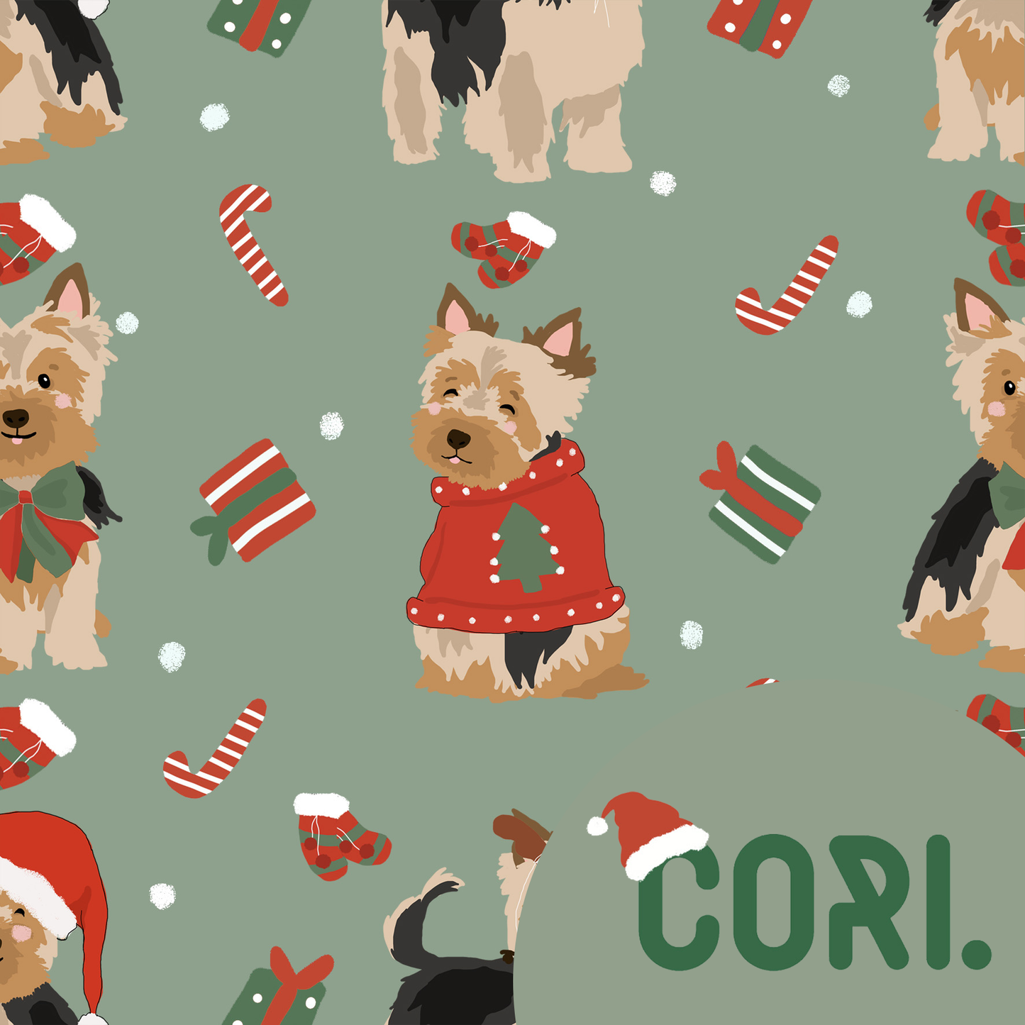 Lovely seamless Christmas yorshire terrier on green background (extended license)