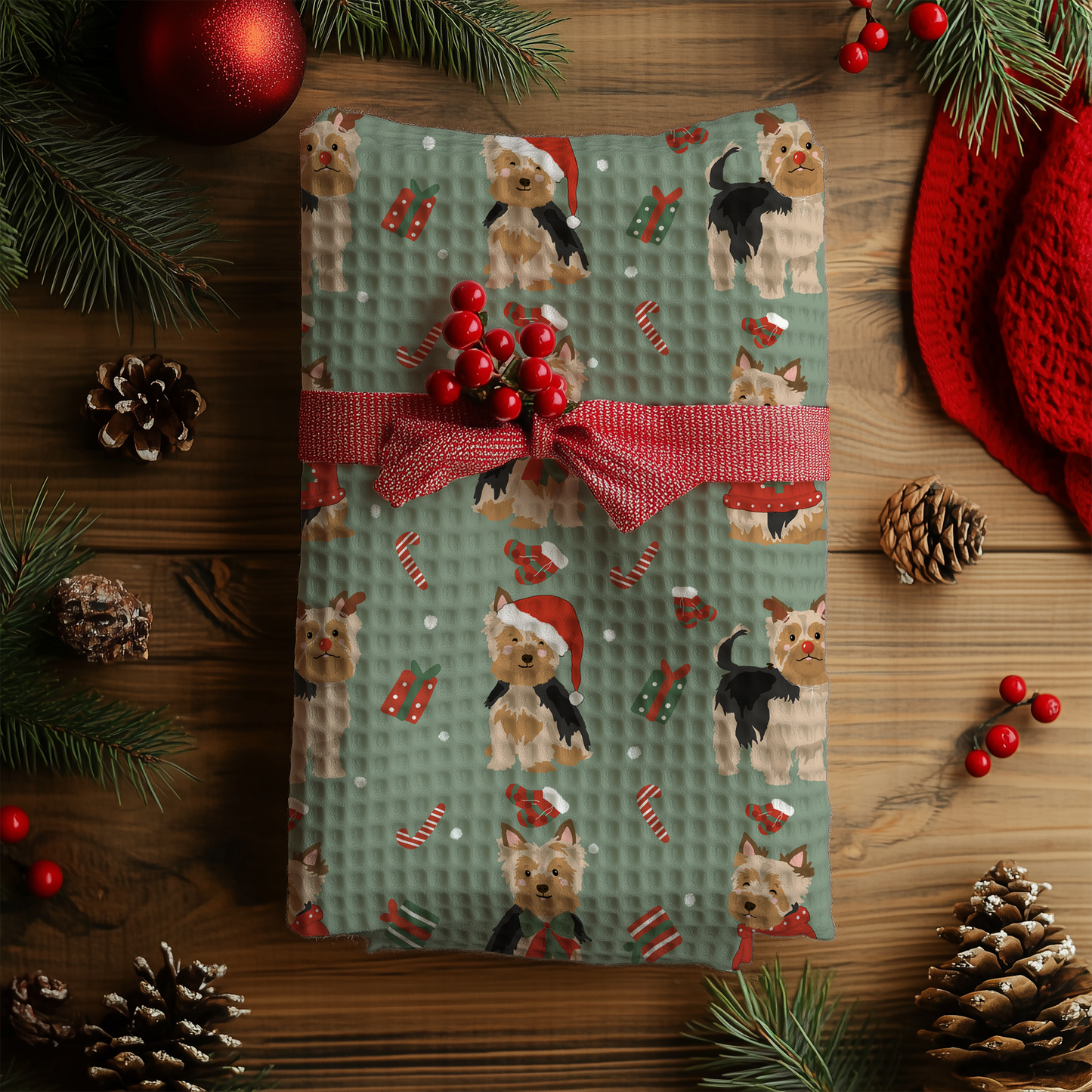 Lovely seamless Christmas yorshire terrier on green background (extended license)