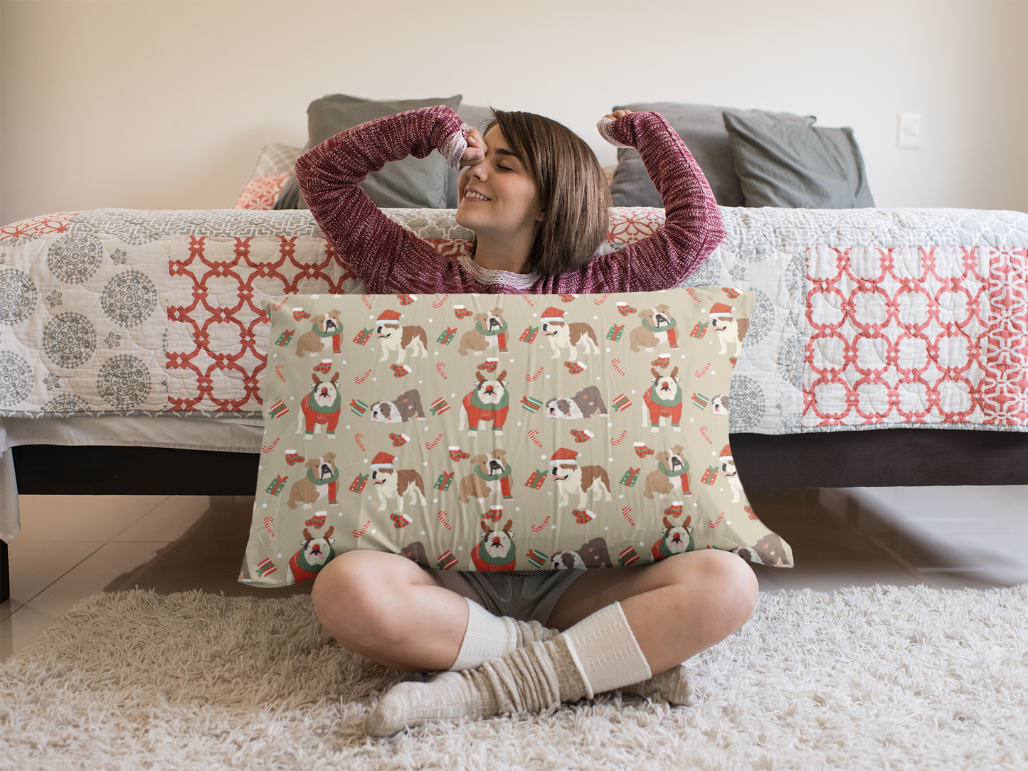 Lovely seamless Christmas english bulldog on beige background (extended license)