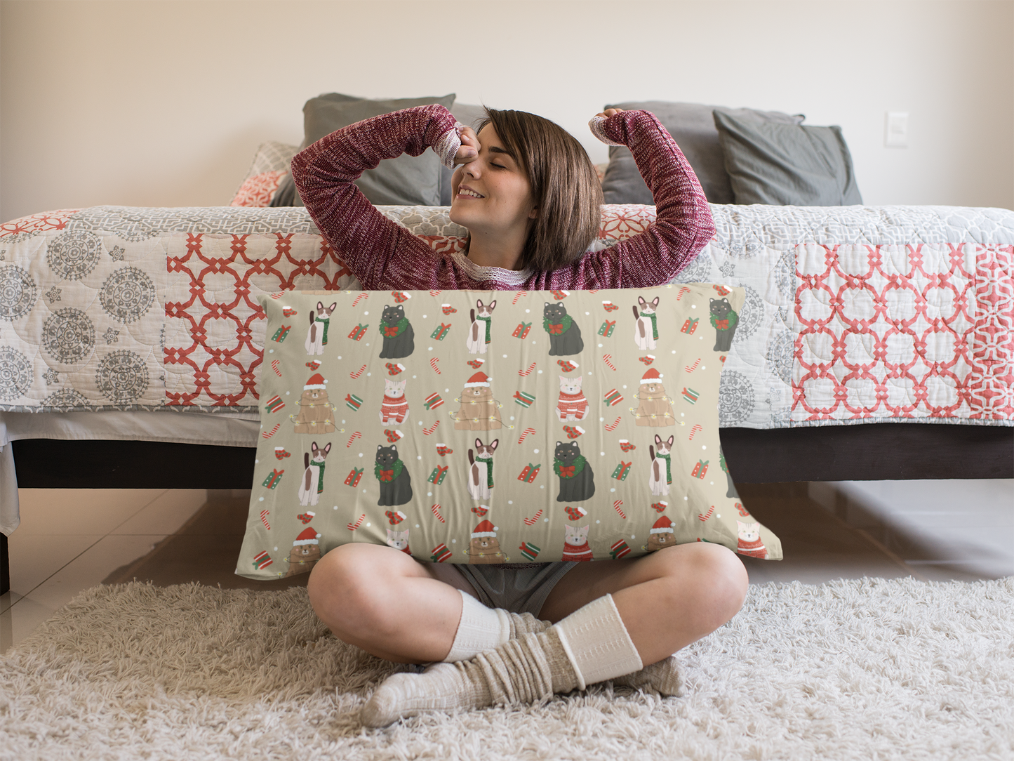 Lovely seamless Christmas cats on beige background