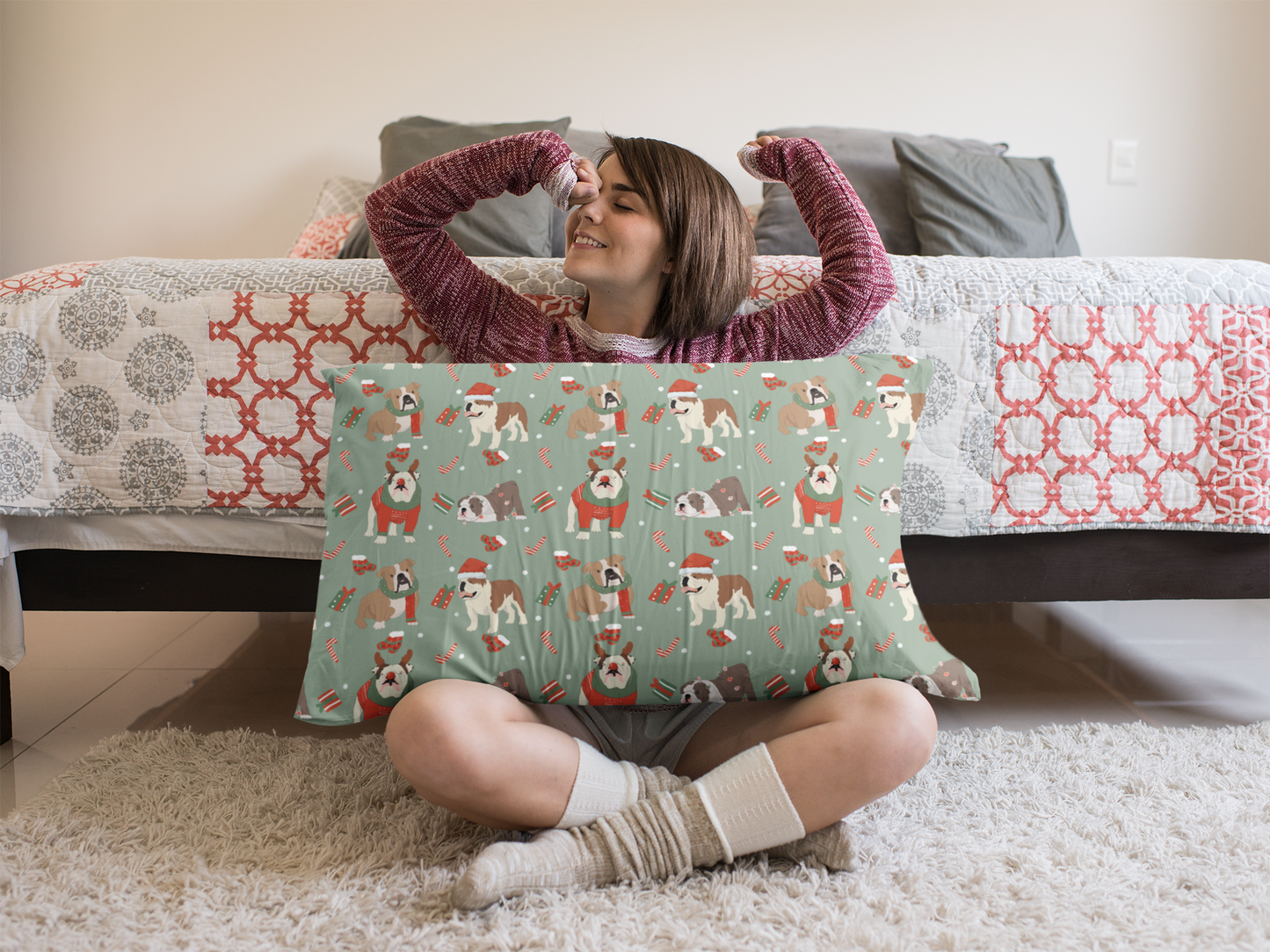 Lovely seamless Christmas english bulldog on green background